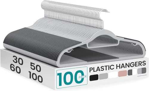 SONGMICS Paquete de 100 perchas para abrigos, perchas de plástico que ahorran espacio, antideslizantes, 0.5 cm de grosor, 42 cm de ancho, gancho