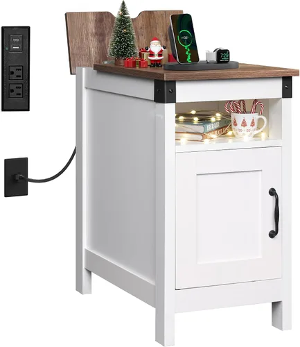 Miniatura 9 de WLIVE - Mesa auxiliar con estación de carga; mesa auxiliar estrecha para sala de estar, mesa de noche de estilo granja con almacenamiento, pequeño