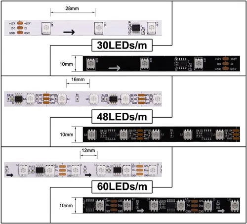 Miniatura 7 de WS2811 RGB IC LED Tira de 16.4 pies, 60 LEDs/m, luz de píxeles flexible direccionable de color de ensueño, LED digital programable de 20 píxeles/m