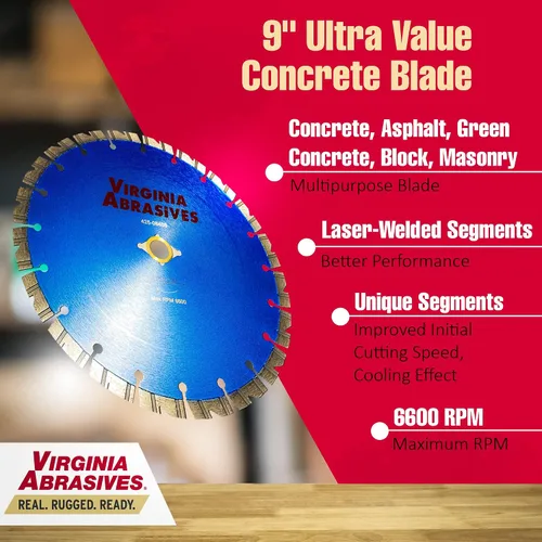 Miniatura 3 de Virginia Abrasives 425-08408 - Hoja de diamante de hormigón de uso general UV de 9 pulgadas - Cortador húmedo y seco para hormigón/asfalto