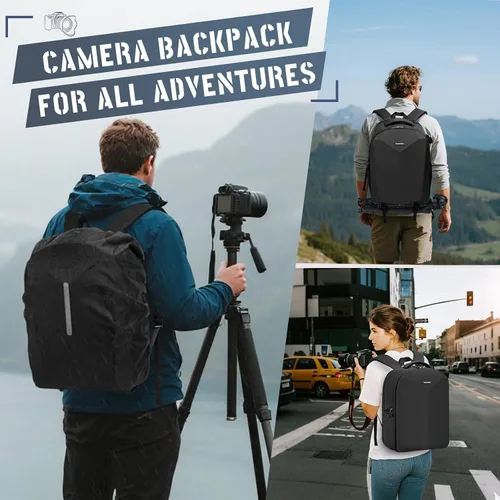 Miniatura 9 de RAINSMORE Mochila para cámara de carcasa dura para DSLR/SLR, bolsa impermeable para cámara con compartimento para laptop de 15.6 pulgadas, estuche