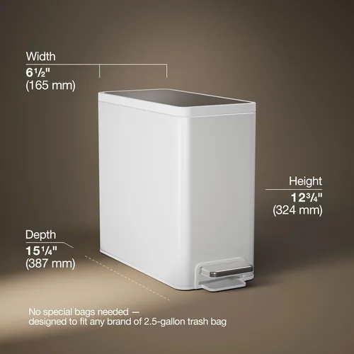 Miniatura 3 de Kohler 20957-STW Bote de Basura Delgado con Pedal de 2.5 Galones, Bote de Basura para Baño con Pedal de Pie de Cierre Suave, Blanco con Acero Acero