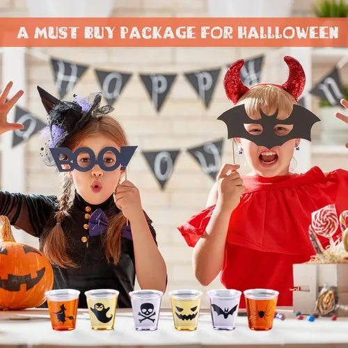 Miniatura 5 de Mumufy 120 vasos de chupito de plástico de Halloween de 1.69 onzas desechables para fiestas, vasos de calabaza y fantasmas, muestra clara, tazas