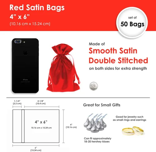 Miniatura 6 de Bolsas de regalo de satén rojo de 4 x 6 pulgadas, joyas, bolsas de cordón para regalos de boda para baby shower, Navidad, paquete de 50 Rojo - 4 x 6