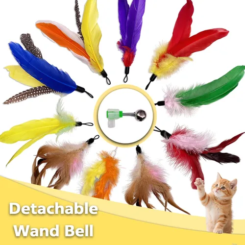 Miniatura 2 de 10 piezas de repuesto de plumas para gato, varita de repuesto para gatos con clip y campana extraíble, juguetes de plumas para gatos