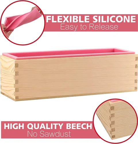 Miniatura 4 de Lerykin Kit de molde rectangular para jabón con cortador - Molde de jabón rectangular flexible de silicona de 42 oz con caja de madera, raspador