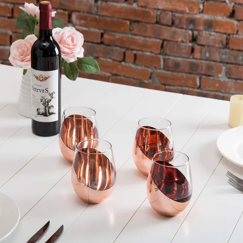 Miniatura 6 de MyGift Juego de 4 copas de vino sin tallo - Barware moderno con acento en cobre, elegantes copas para bodas y celebraciones con acabado metálico