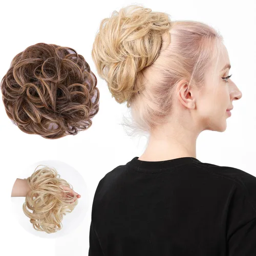 Miniatura 10 de Moño de cabello despeinado castaño, moños desordenados falsos sintéticos, moño rizado, moño recogido y moño, extensiones de cabello envolvente