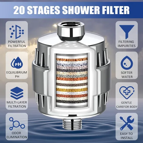 Miniatura 2 de Filtro de ducha, filtro de cabezal de ducha de 20 etapas para agua dura con 2 cartuchos, filtro de agua de ducha de alto rendimiento para eliminar