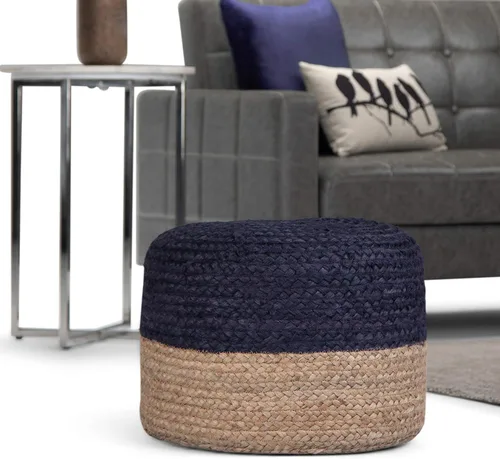 Miniatura 2 de SIMPLIHOME Lydia Puf redondo – 18 pulgadas de ancho trenzado a mano otomano de yute en azul marino y natural, taburete bohemio o asiento adicional