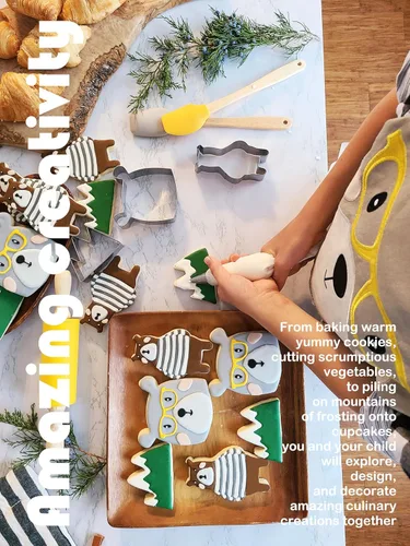Miniatura 7 de Juego de hornear para niños de 35 piezas con delantal de oso de peluche, cuchillos aptos para niños, cortadores de galletas, rodillo, tabla