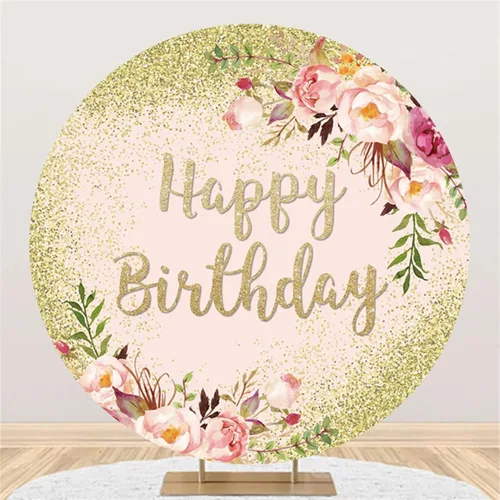 Telón de fondo redondo de feliz cumpleaños, 5 x 5 pies, fondo de fotografía de flores rosas rosas Bokeh para bebés, niñas, mujeres, decoración de