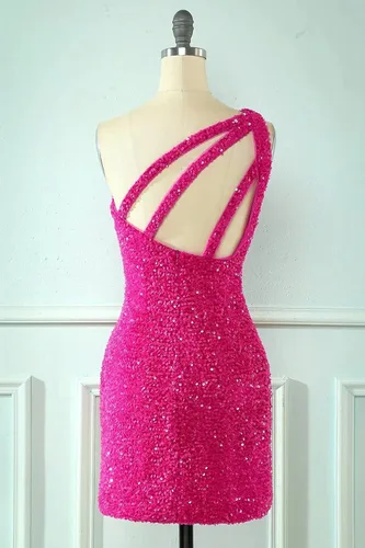 Miniatura 6 de One Shoulder Sequin Homecoming Dress Short Sparkly Giltter Backless Cocktail Mini Dress for Teens
