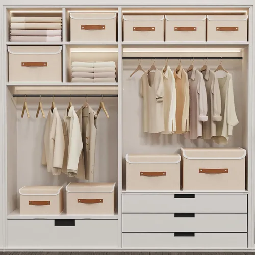 Miniatura 3 de Yawinhe SNK024BEN-1 Cajas de almacenamiento plegables, cestas apilables de tela de lino, contenedor con tapa y asa de cuero, lavable, para el hogar