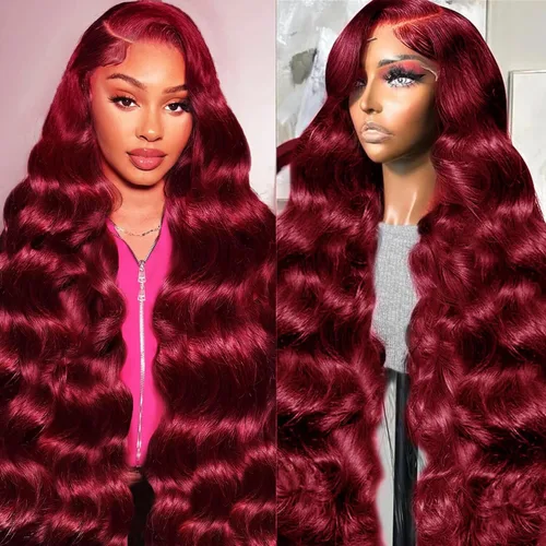 Miniatura 18 de Smabuity Pelucas de cabello humano con encaje frontal color borgoña 99J, peluca de cabello humano rojo burdeos, pelucas de encaje frontal HD de 13 x