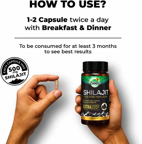 Miniatura 5 de Zandu Cápsulas Shilajit (60 cápsulas) infundidas con bondad de extractos naturales de Shilajit para mejorar la energía y la fuerza en los hombres
