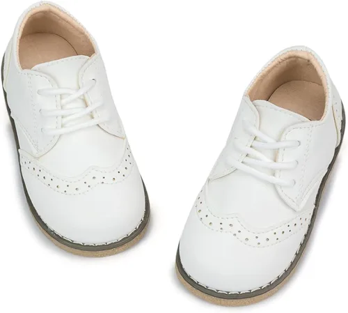 Miniatura 36 de KIDSUN Zapatos de vestir para niño y niña, cómodos zapatos Oxford con cordones para uniforme escolar, mocasines planos (bebé/niño pequeño) E-negro