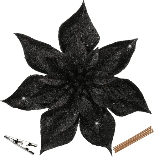 Briful Flores de Navidad de Flor de Pascua de 9 pulgadas, 8 piezas de selecciones florales negras con purpurina, flores grandes de ornamento