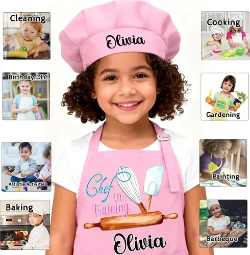 Miniatura 5 de Delantal personalizado para niños con bolsillo para nombre, sombrero de chef personalizado y delantal para cocina, cocina, hornear, pintura