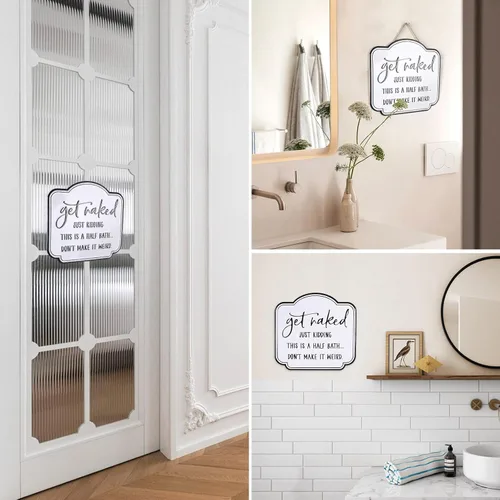 Miniatura 7 de LIVDUCOT Cartel de lata de baño divertido con texto en inglés «Get Naked», letrero de metal esmaltado negro sobre blanco, cita vintage para baño