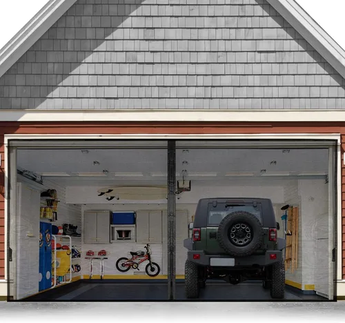 Miniatura 15 de FEGO Pantalla de puerta de garaje gris para 1 automóvil de 8 x 7 pies, puertas magnéticas con malla de fibra de vidrio retráctil y parte inferior