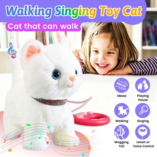 Miniatura 2 de Juego de gato que camina con correa blanca cantando que ronronea y maulla, robot de peluche animado, gatito, mascota en movimiento, realista, animal