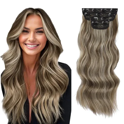 Miniatura 47 de Extensiones de cabello con clip de Vigorous de 20 pulgadas, con reflejos rubio playa, extensiones de cabello ondulado largo y suave de cabello