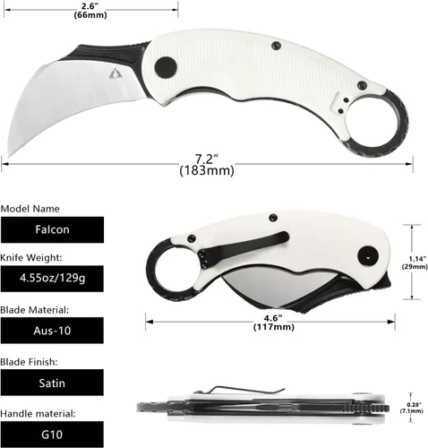 Miniatura 5 de CMBMADEKNIVES Falcon Karambit Japón AUS-10 Acero G10 Mango táctico supervivencia camping al aire libre cuchillo de bolsillo CMB-C01W (blanco)