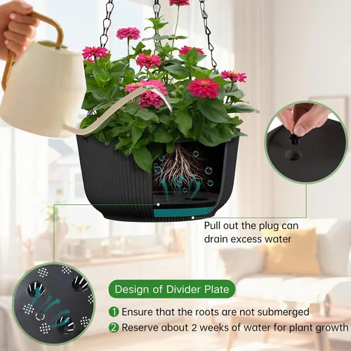Miniatura 3 de Juego de 2 macetas colgantes para plantas de interior y exterior, macetas colgantes de riego automático de 8 pulgadas con platillo interno, orificio