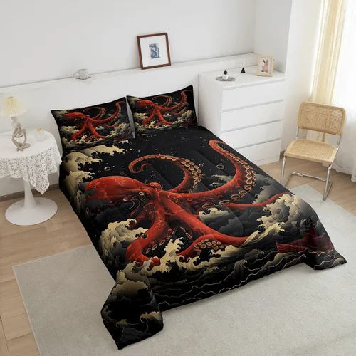 Miniatura 3 de Octopus - Juego de edredón para niños, tamaño matrimonial, nubes oscuras, olas del océano, juego de ropa de cama retro trippy decoración de Rojo