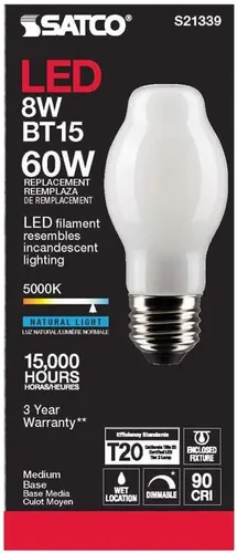 Miniatura 5 de Satco S21339 BT15 - Bombilla LED de filamento de 8 W, 120 V, acabado blanco, luz diurna de 5000 K, 800 lúmenes, base media E26, regulable, ubicación