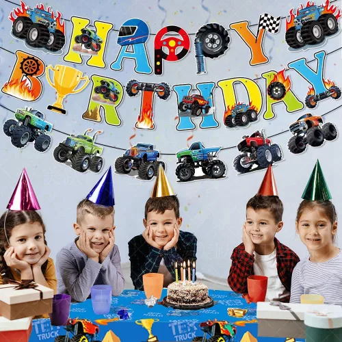 Miniatura 6 de Decoraciones de cumpleaños de Monster Truck incluyen 2 manteles, pancarta de cumpleaños, remolinos colgantes, calcomanías y guirnalda (Monstertruck)