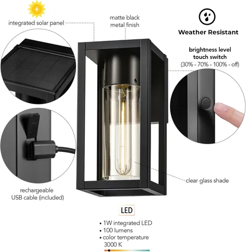 Miniatura 8 de Aplique de pared Globe Electric 60000167 con LED integrado de 1 W, alimentado por energía solar, para exterior, en color negro mate, panel solar