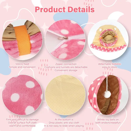 Miniatura 3 de BWOGUE Cama Túnel para Conejos, Juguetes de Tubos Túnel Plegables 2 en 1 con Alfombrilla Removible y Escondite para Gatos, Gatitos, Conejos, Rosa