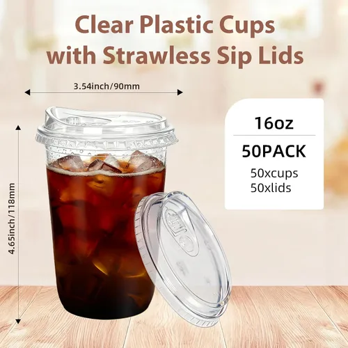Miniatura 3 de Paquete de 50 vasos de plástico transparente con tapas para sorber – Tazas de café helado de 16 onzas con tapas sin pajilla, desechables de fondo