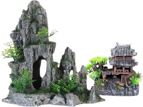 AWXZOM Kit de decoración de acuario extra grande – "Templo antiguo en la montaña", decoraciones japonesas de acuario de resina, castillo, decoración
