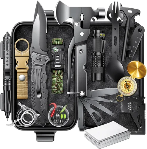 Regalos para hombres, Navidad, equipo de supervivencia 21 en 1 y accesorios de campamento, equipo de pesca y caza, regalo de cumpleaños único para