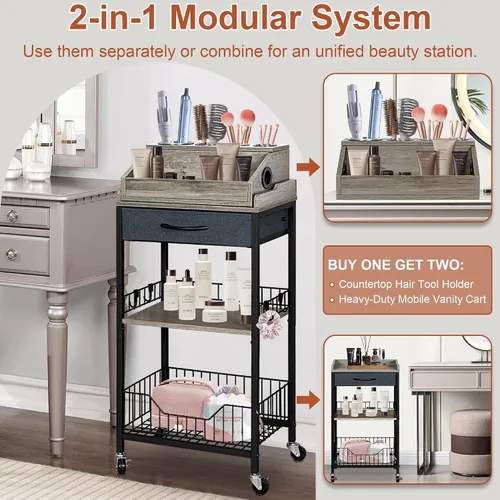 Miniatura 2 de Organizador de Carrito de Maquillaje Grande, Organizador de Belleza 2 en 1 con Ruedas y Soporte para Herramientas de Cabello, Soporte de Maquillaje