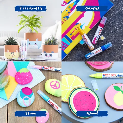 Miniatura 7 de edding 5000 marcadores acrílicos anchos – amarillo, azul, rosa y turquesa – Paquete de 5 marcadores de pintura acrílica (abstracto) – Punta
