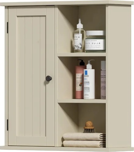 Miniatura 7 de Treocho Armario de pared de baño, botiquín con puerta y 3 estantes abiertos, organizador de almacenamiento montado en la pared para baño, cocina