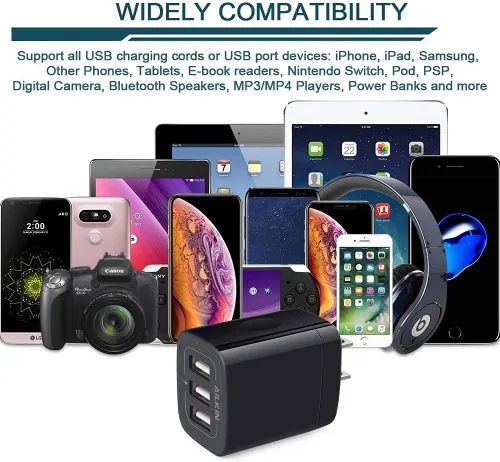 Miniatura 4 de AILKIN Cargador de pared USB de 3 unidades, adaptador de carga triple, bloque de carga rápida, cargador para el hogar, enchufe de cubo para iPhone