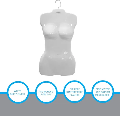 Miniatura 4 de SSWBasics Torso de maniquí colgante de plástico económico para exhibición de ropa femenina, forma blanca con gancho, ideal para venta al por menor