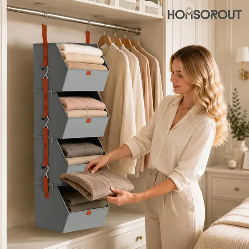 Miniatura 6 de Homsorout Organizador de Armario Colgante de 4 Niveles - Estantes Colgantes para Ropa, Sistema de Armario Ahorro de Espacio, Contenedores de Gris