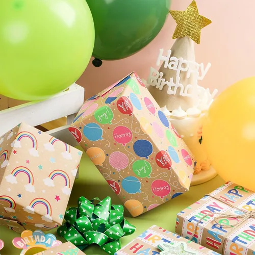 Miniatura 4 de RUSPEPA Rollos de papel kraft para envolver regalos - Diseño de arcoíris de cumpleaños colorido, total de 4 rollos (30 pulgadas x 10 pies, 4 rollos)