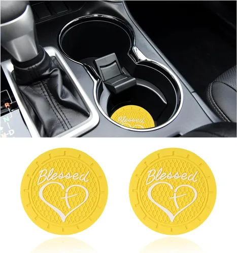 Miniatura 13 de Dickno 2 piezas posavasos para portavasos de automóvil, 2.76 pulgadas cruz bendita y corazón tapete de bebida cristiano, PVC suave antideslizante a