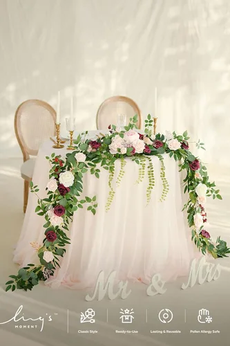 Miniatura 6 de Ling's moment - Guirnalda de eucalipto y hojas de sauce con flor blanca de 3 m, hecha a mano, centro de mesa para decoración de mesa de boda y mesa