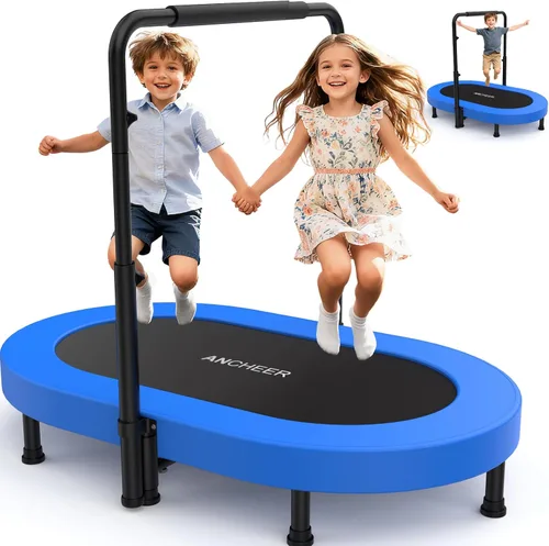 ANCHEER Trampoline, Mini Trampoline with Adjustable Handle -Indoor/Outdoor Rebounder for Kids & Toddlers, 56'' Safe Oval Fitness Trampoline with Bar