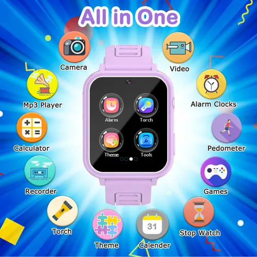 Miniatura 2 de Cosjoype Relojes inteligentes para niños de 3 a 12 años, con 39 juegos de rompecabezas, cámara de video HD, reproductor de música, tarjetas