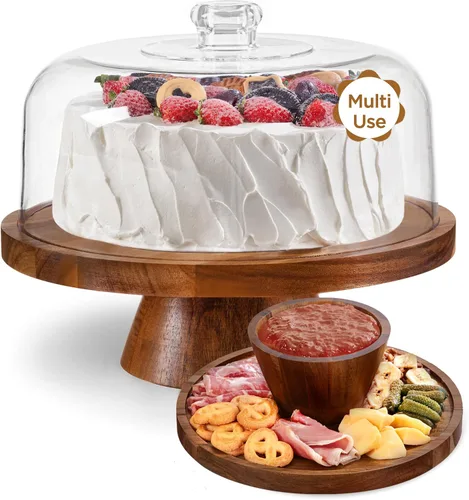 Miniatura 9 de HBlife Soporte para pasteles con tapa (16.5 pulgadas), soporte multifuncional para pasteles con cúpula acrílica, soporte rectangular de bambú 2 en 1