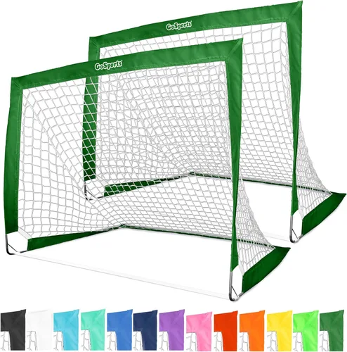 GoSports Porterías de fútbol portátiles de 4 x 3 pies para niños, 13 colores, juego de 2 redes desplegables de tono de equipo para patio trasero